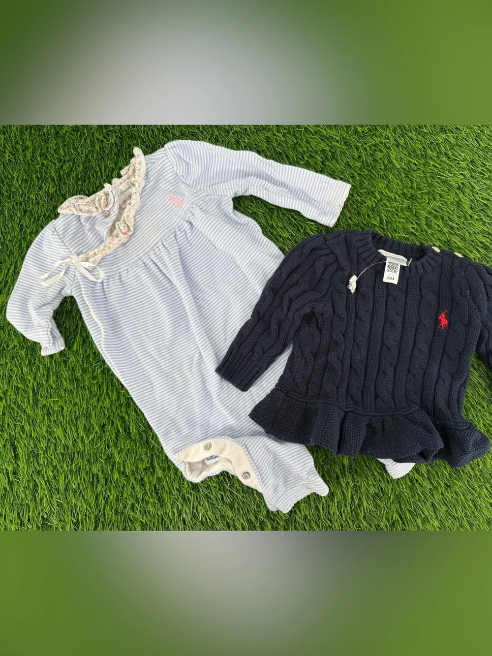 Ralph Lauren Baby 6 Months Long Sleeve Onesie & Navy Blue Cable Knit Sweater Lot
